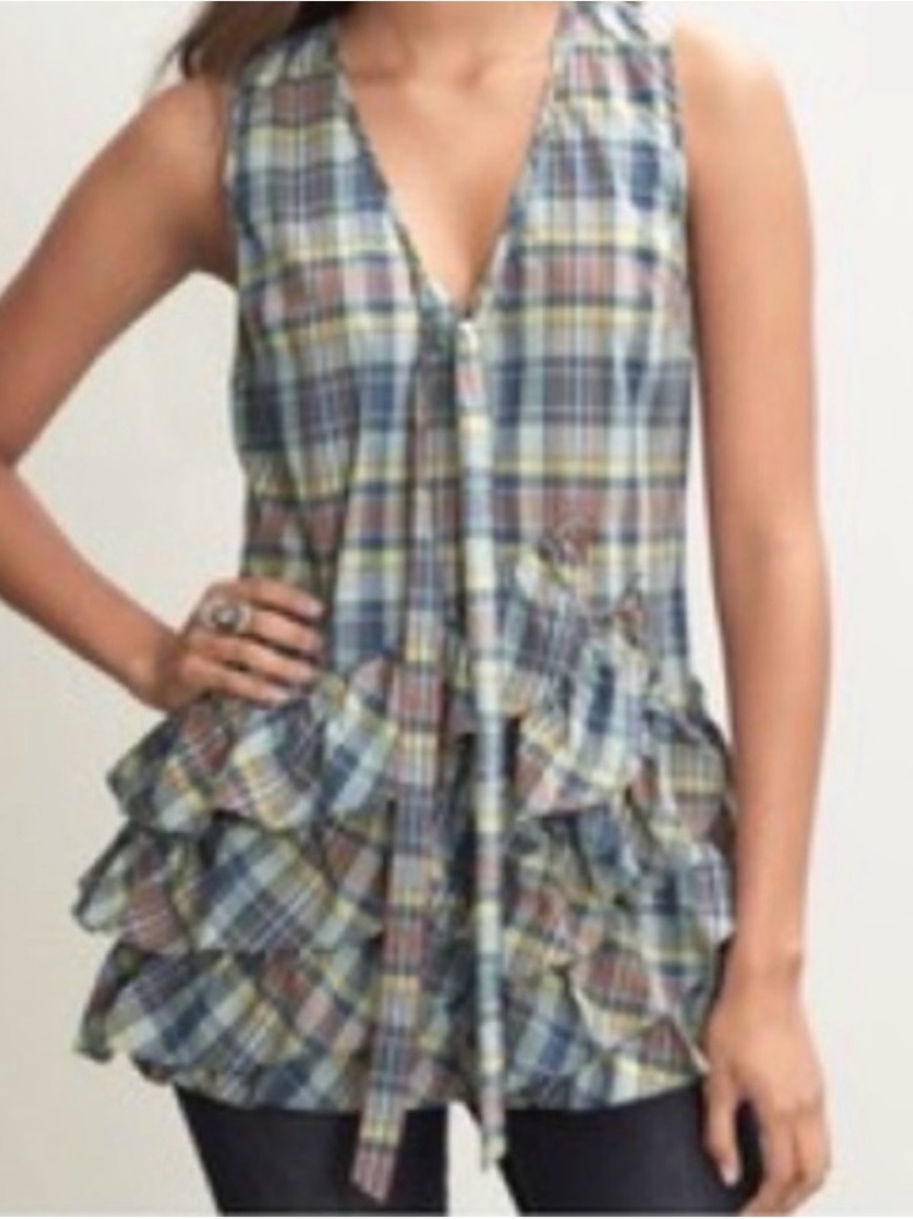 Banana Republic Madras Plaid Ruffle sleeveless Tie-Front Tank 🥰 size S